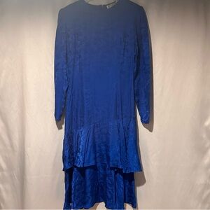 Vintage 80s Royal Blue Long Sleeve 100% Silk Jacquard Dress Ruffle Hemline Sz 8